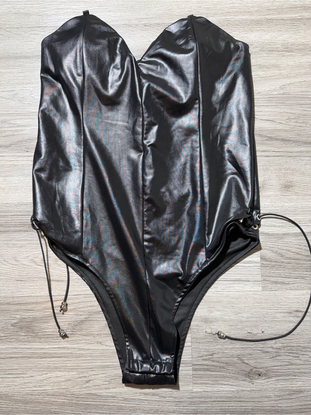 Women’s Black Faux Leather Bodysuit Strapless High Cut Thong Size M
